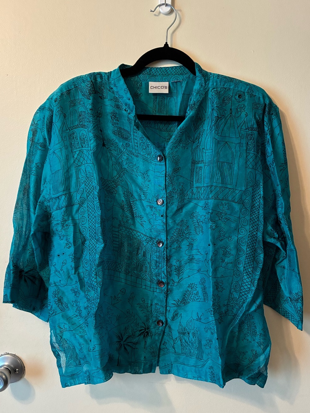 Chico's Linen Teal Blue Scenic Pattern Button-Up Blouse Boxy Collarless Fits XL